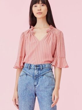 Rebecca Taylor Rose Pink Ruffle-Trim V-Neck Blouse